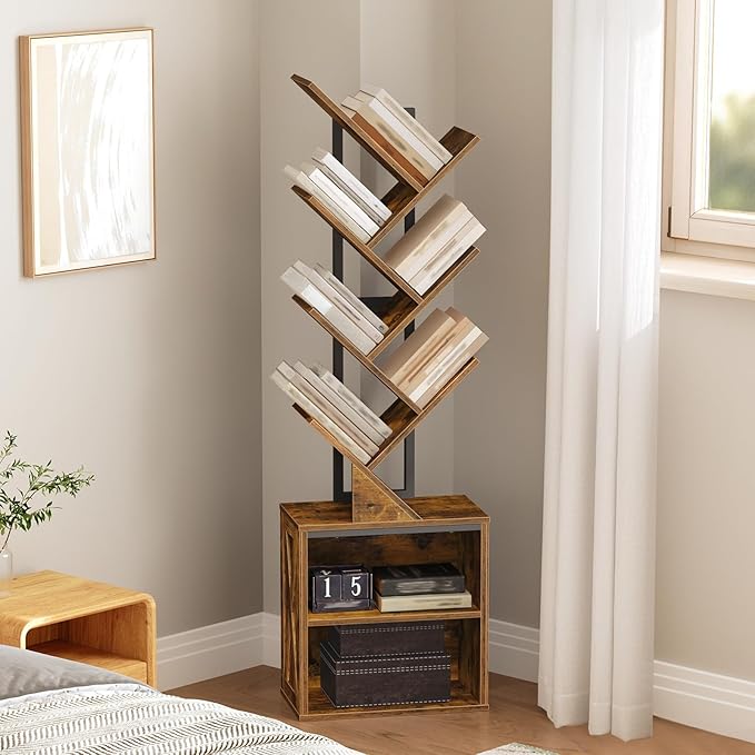 Tree Bookshelf, 6 Tier Bookcase with 2 Storage Racks, Free Standing Tall Wooden Bookcase, Floor Standing Book Shelf Organizer for Living Room, Bedroom, Study, Home Office, Rustic Brown