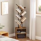 Tree Bookshelf, 6 Tier Bookcase with 2 Storage Racks, Free Standing Tall Wooden Bookcase, Floor Standing Book Shelf Organizer for Living Room, Bedroom, Study, Home Office, Rustic Brown