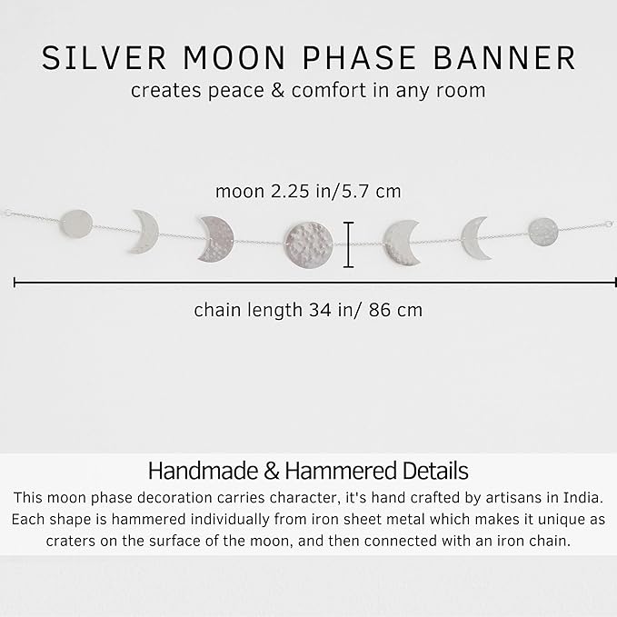 BASE ROOTS Moon Phase Wall Decor, Silver Wall Art for Bedroom, Bohemian and Astrology, Witchy Aesthetic 34" 7 Phases Metal Moon Wall Banner, Celestial Decoration, Gift for Women & Kids