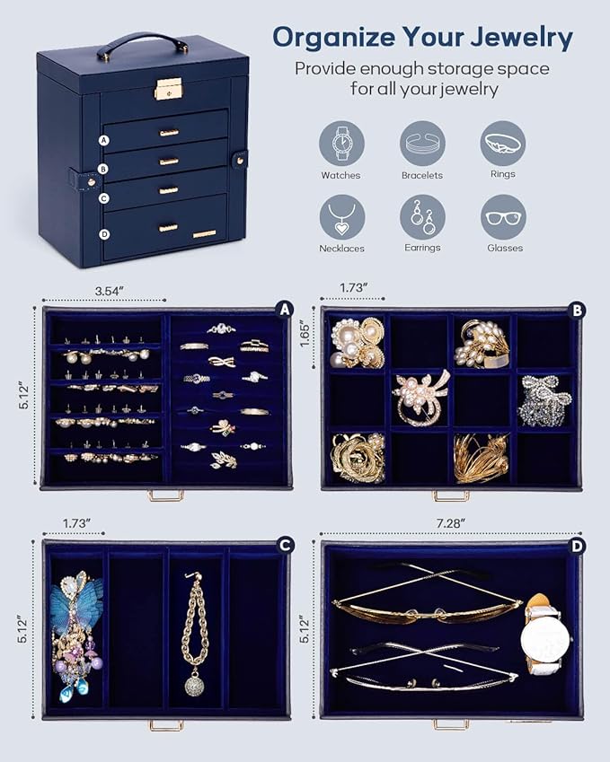 Homde Valentine's Day Gifts Synthetic Leather Huge Jewelry Box Mirrored Watch Organizer Necklace Ring Earring Storage Lockable Gift Case (Dark Blue + Gold)