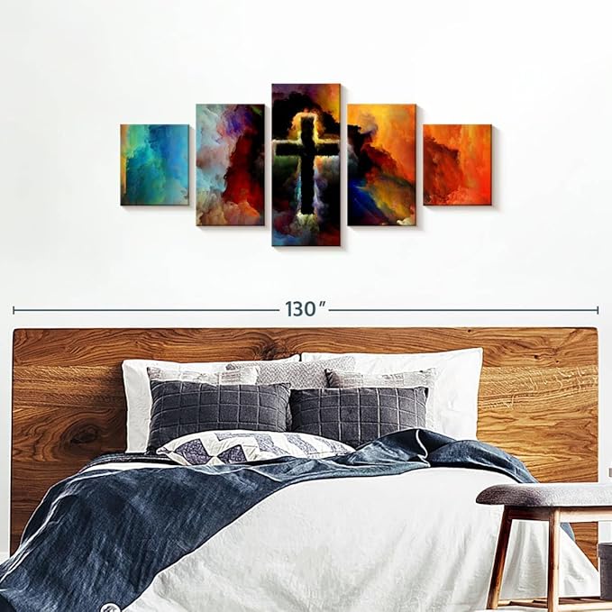 Elephant Stock Colorful Cross Wall Art Multi Piece Canvas - 5 Panel Christian Pictures Decor - Digital Design Canvas Print - Christian Wall Decor - 80" X 36"