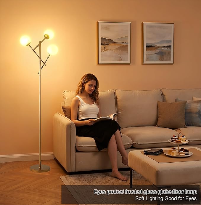Fiqevs Globe Floor Lamp with 3 Adjustable Glass Ball Lampshade, Gold Mid Modern Standing Lamp Bulbs Included, Sputnik Tree Tall Pole Lamp for Living Room, Bedroom - Antique Brass