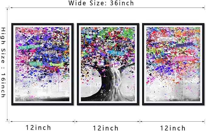 Novatique Tree Wall Art for Living Room Colorful Graffiti Picture Wall Decor Abstract Art Wall Decor Ready to Hang for Bedroom,12" x 16" x 3Pcs