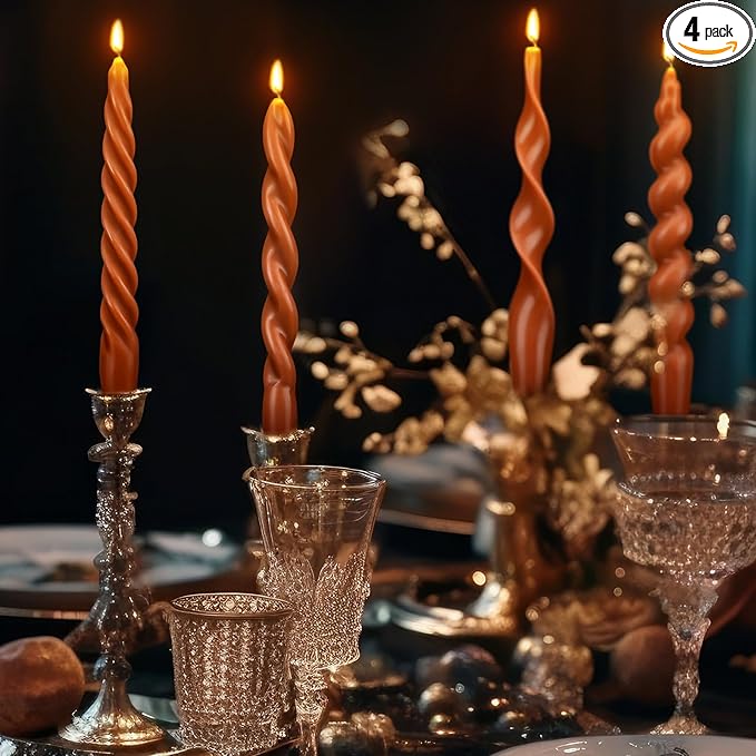 Nuanchu 4 Pcs 7.87 Inch Twisted Taper Candles Wax Unscented Smokeless Spiral Swirl Candlesticks for Wedding Holiday Dinner Party Home Decorations(Brown)