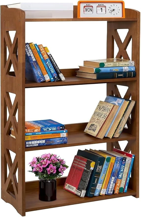 Brown Bookcase by Natural Wood, 4 Tier Bookshelf, Small Book Shelves Freestanding Display Storage Shelves. Open Bookshelf for Bedroom, Living Room and Office (Brown, 4 Tier)