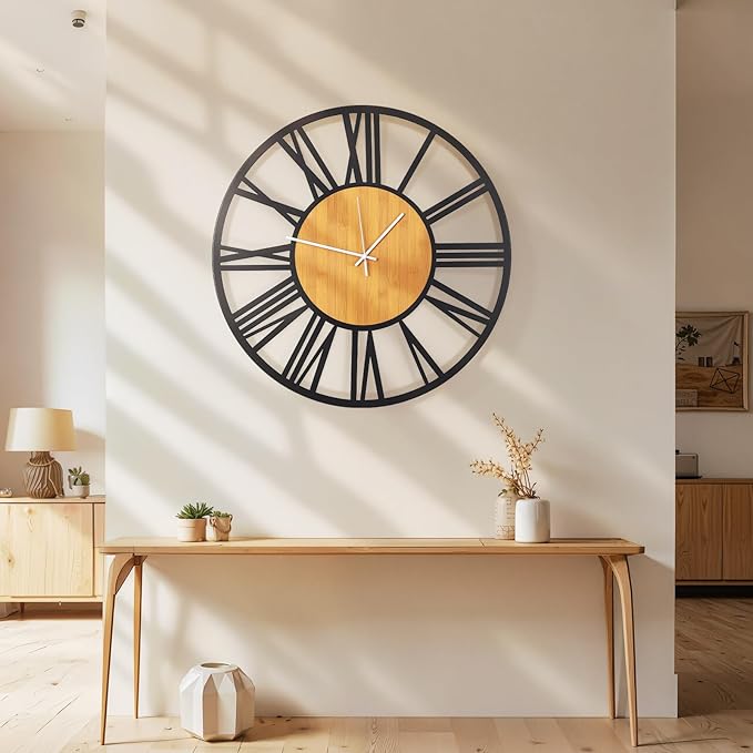 24'' Extra Large Farmhouse Wall Clock, Vintage Wall Clock with Metal Frame for Living Room, Dining Room, Bedroom, Office Decor. (Wooden Centre)