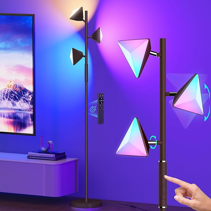 36W RGBCW Floor Lamp, Color Changing LED Tree Floor Lamp, Stepless Dimmable Tall Standing Lamp with Remote & Touch Control, 2700K-6500K Modern Floor Lamps for Living Room, Bedroom, Gaming Room - Brown