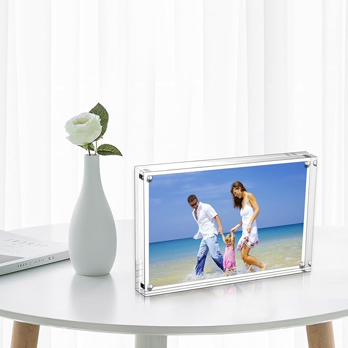 Acrylic Photo Frames 6x8'', Magnetic Acrylic Block Picture Frame, Desktop Frameless Photograph Display (2 Pack)