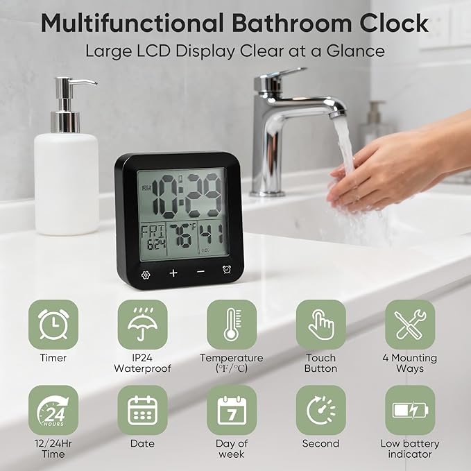 Digital Waterproof Shower Clock, Bathroom Kitchen Clock with Countdown Timer, Wall Clock with Large LCD Display, Temperature, Touch Button, Suction, Hanging Hole, Battery Operated I Black