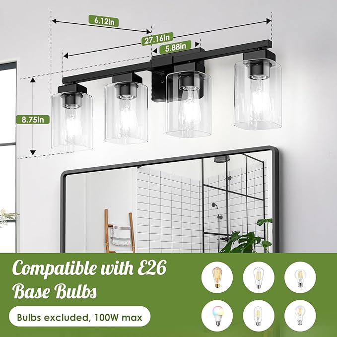 BesLowe 27" 4-Light Bathroom Light Fixture, Modern Black Bathroom Vanity Light, Bathroom Lighting Fixtures Over Mirror, Matte Black Wall Lamp, Wall Lights for Living Room Bedroom Hallway