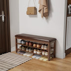 AQIMUELE Wood Shoe Rack Bench for Entryway, Shoe Rack for Front Door Entrance with Leather Cushion, 2 Tier Shoe Bench with Shoe Storage for Entryway, Bedroom.