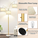 Nintiue Dimmable Floor Lamp - 3 Lights Gold Floor Lamps for Living Room Linen White Shades & Marble Base, Mid Century Tree Floor Lamp for Bedroom Office, 3 LED Bulbs Included