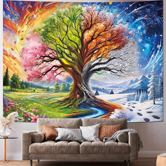 Dermijer Colorful Tree of Life Tapestry Four Seasons Trees Tapestrie Spring Flower Green Summer Autumn Leaves Winter Snowflake Magical Natural Landscape Wall Hanging for Home Decor L59.1×W51.2