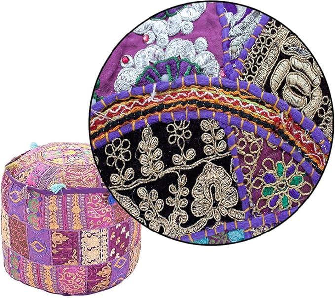 Aakriti Gallery Indian Pouf Footstool Ethnic Embroidered Pouf Cover, Indian Cotton Round Pouffe Ottoman Pouf Cover Pillow Ethnic Decor Art - Cover Only (Purple, 18x13)