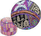 Aakriti Gallery Indian Pouf Footstool Ethnic Embroidered Pouf Cover, Indian Cotton Round Pouffe Ottoman Pouf Cover Pillow Ethnic Decor Art - Cover Only (Purple, 18x13)