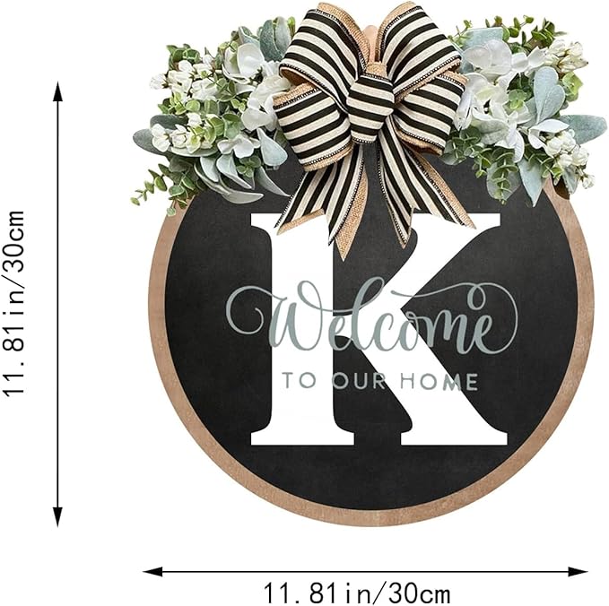 Circular Surname Front Door Welcome Sign - 26 Letter House Wreath, Front Porch Decorations, Year-Round Home Decor (K)