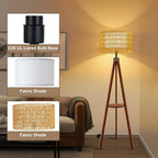 Rattan Wood Floor Lamp Tripod with Shelves, Mid Century Modern Floor Lamps for Living Room, 3 Color Temperatures with Foot Switch, Boho Standing Lamp for Bedroom Decor Walnut Brown Tall Lamps