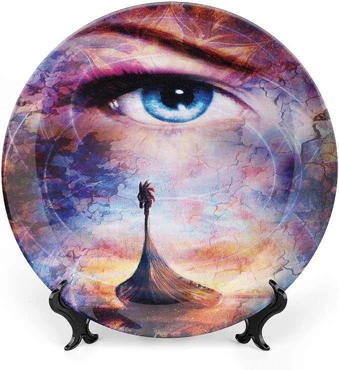10 Inch Decorative Plate,Viking Tableware Plate, Boat on Beach and Woman Eye Boat Print Ornament Display Plate for Dining Table Setting, Wedding Reception Decorations, Christmas Tablescape, Red Orange