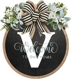 Circular Surname Front Door Welcome Sign - 26 Letter House Wreath, Front Porch Decorations, Year-Round Home Decor (V)