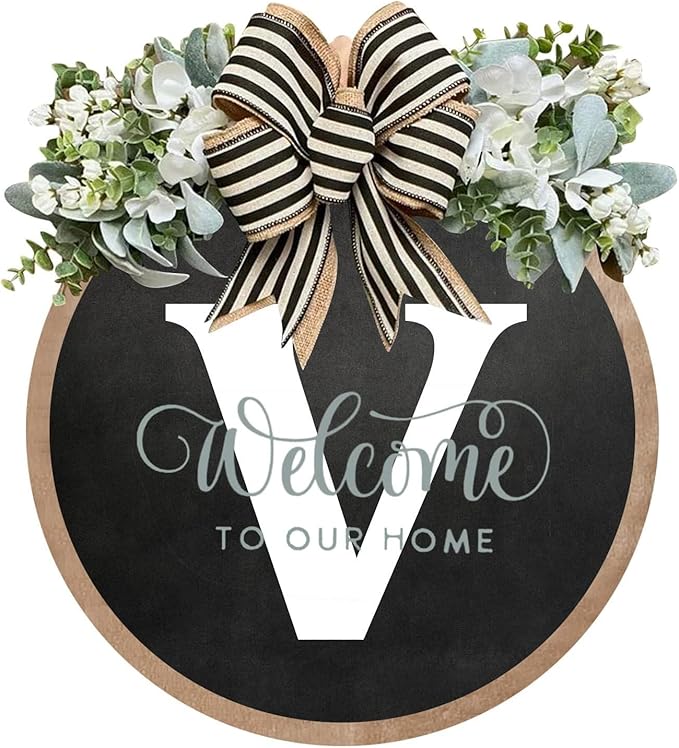 Circular Surname Front Door Welcome Sign - 26 Letter House Wreath, Front Porch Decorations, Year-Round Home Decor (V)