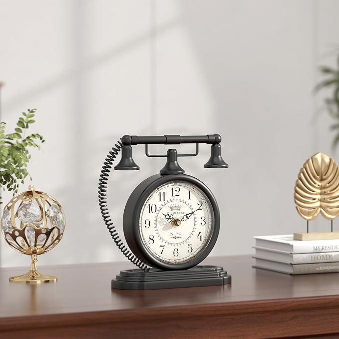 Vintage Table Clock, Desk and Shelf Decor Clock, Black Antique Telephone Style Mantel Clocks, for Living Room, Farmhouse, Bedroom, Bedside, Gift (7.3" H x 7.3" W)
