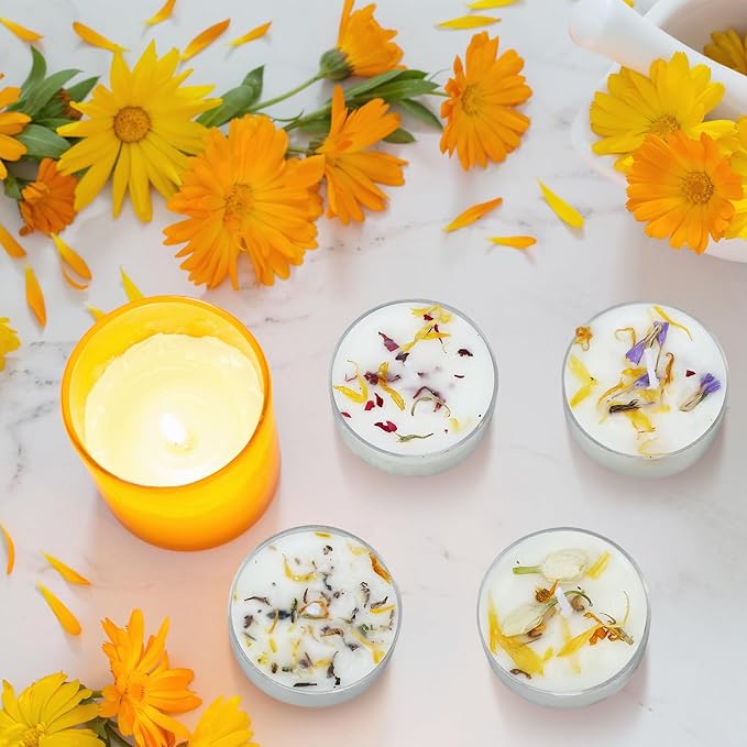 Honoson 12 Pcs Scented Tealights Dried Flower Candles Wedding Bridesmaid Gift 4 Floral Scents Jasmine Lavender Rose and Globe Purple 8-hour Smokeless Tealight Candles for Wedding Bridal Shower Spa