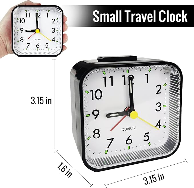 Small Analog Travel Alarm Clock, Battery Operated Desk Table Shelf Clock for Kids, Quieter Bedside Alarm Clocks for Bedrooms Bathroom Living Room Kitchen, Black