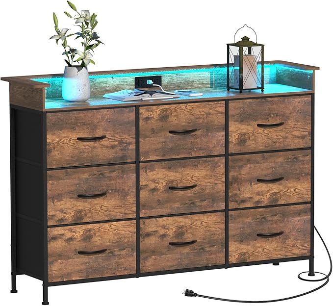EXOTICA Industrial Dresser for Bedroom with Charging Station and LED Light Fabric Storage Dresser with 9 Fabric Drawers Chest of Drawers for Closet Hallway Sturdy Steel Frame Wooden Top