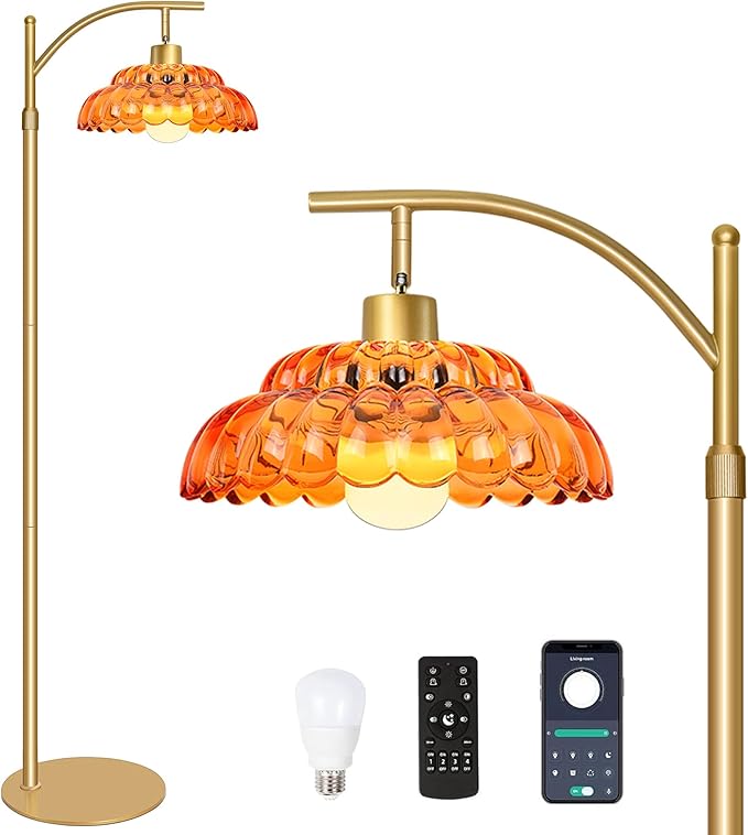 Glass Floor Lamp for Living Room, Standing Lamp with Remote, Dimmable Tall Lamps with Orange Glass Shade, Mid Century Modern Floor Lamps for Bedroom, 12W LED Bulb Included