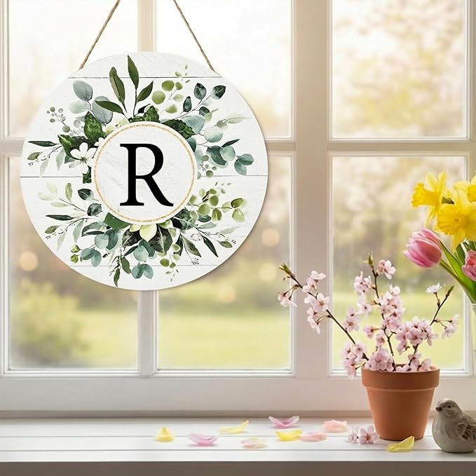 Smile Monogram Letter R Wreaths Wooden Welcome Sign, Family Last Name Initial Front Door Wall Decoration, Floral Spring Summer Porch Rustic Home Kitchen Decor