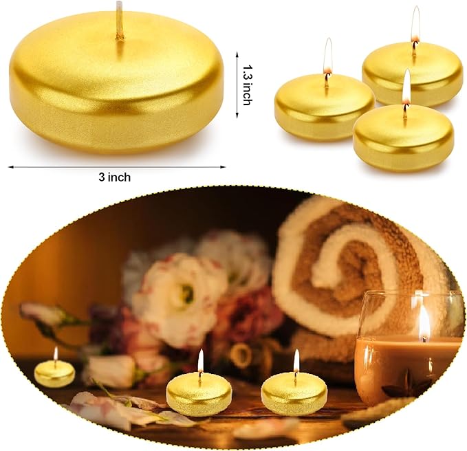 Floating Candles 3 Inch Unscented Dripless Wax 13-15Hours Burning, 12/24/36Pack Wedding Party Candles,for Centerpieces Suitable for Cylindrical Vases,Swimming Pool,Restaurant Decoration(12Pack,Gold)