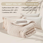 HYMOKEGE Beige Oversized Queen Comforter Set Seersucker 7 Pieces, All Season Luxury Bed in a Bag for Bedroom, Bedding Set with Comforter, Sheets, Pillowcases & Shams