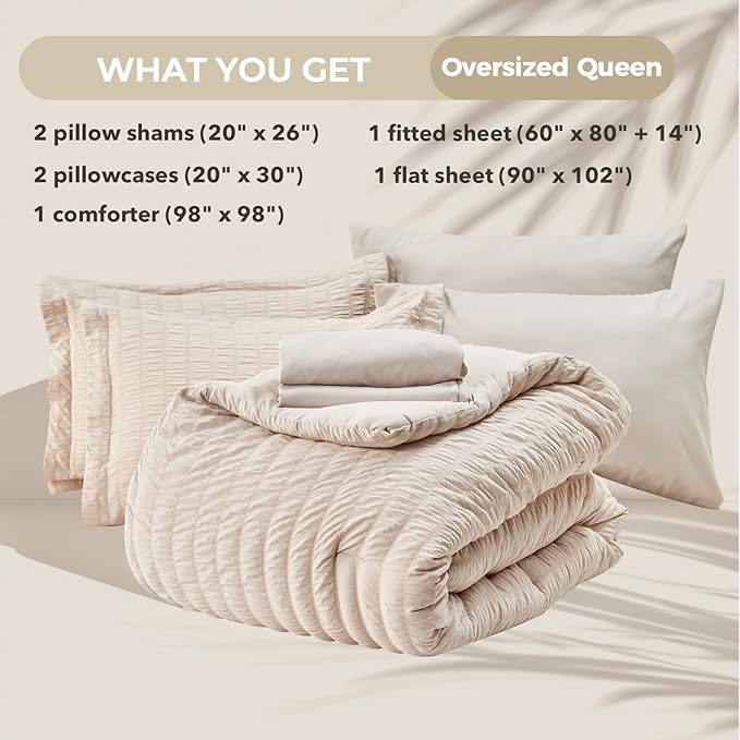 HYMOKEGE Beige Oversized Queen Comforter Set Seersucker 7 Pieces, All Season Luxury Bed in a Bag for Bedroom, Bedding Set with Comforter, Sheets, Pillowcases & Shams