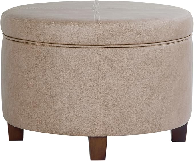 Homepop Home Decor | Upholstered Faux Leather Round Storage Ottoman | Ottoman with Storage for Living Room & Bedroom, Taupe Brown