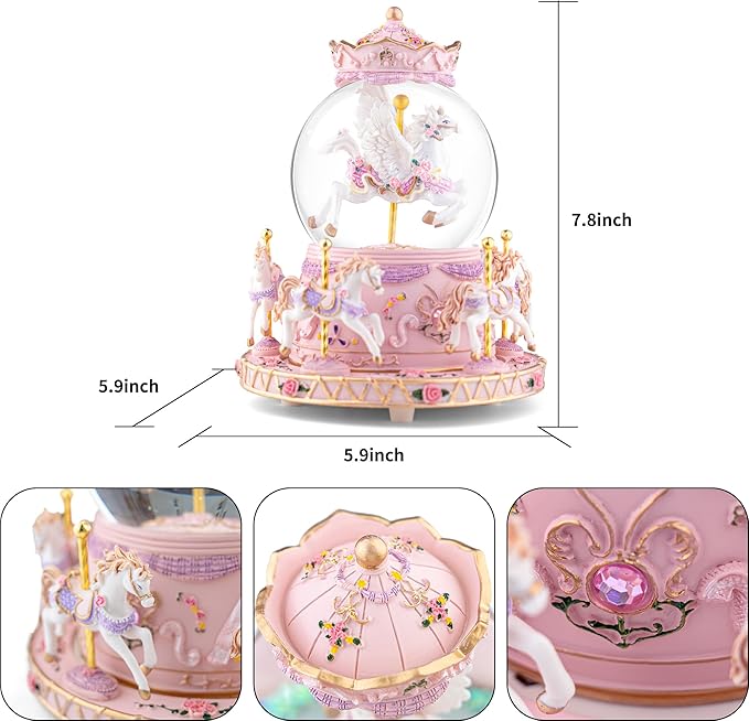 Music Box Unicorn Carousel Horses Snow Globe Gifts, Birthday Gift for Daughter Girls Women, Musical Carousel for Wife Friend Sister Anniversary Christmas Play You are My Sunshine