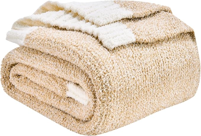 CozeCube Super Soft Fullfy Microfiber Reversible Knitted Blankets, Warm Cozy Fuzzy Plush Throw, Beige and White Melange Throw Blanket for Couch Bed Sofa, 50" x 60"