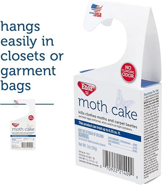 Enoz Moth Cakes – 8 Pack – Easily Hangs in Closets & Garment Bags – Kills Clothes Moths, Carpet Beetles, Eggs & Larvae – Treats 6.25 Cubic Feet