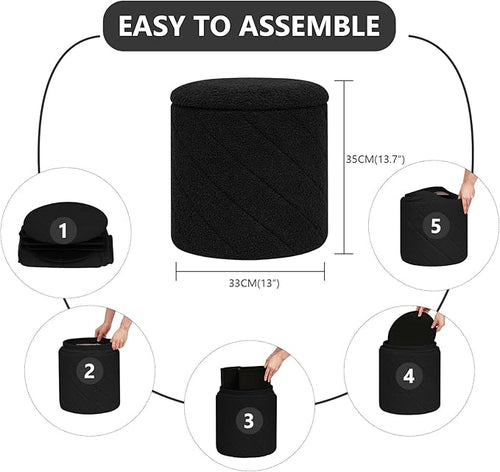 13" Foldable Boucle Round Storage Ottoman,Space-Saving Footrest/Seating/Coffee Table for Small Apartments,Dorms & Bedrooms-Black