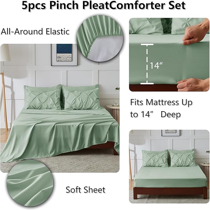 CozyLux Twin XL Comforter Set Sage Green, 5 Pieces Twin Extra Long Pintuck Bed in A Bag for College Dorm, Pinch Pleat Bedding Set with Comforter, Sheets, Pillowcase & Sham