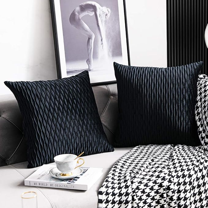 Black Striped Decorative Pillow Covers: 2 Pack 22x22 Inch Original Velvet Square Throw Pillow Cases for Farmhouse Couch