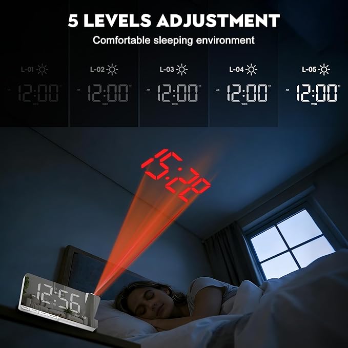 Amgico Projection Alarm Clock,Digital Clock with Projection,7.3" Mirror Clock with 180°Rotating Projector,Dual Alarm with 3 Mode,Bright Adjust,DST,Snooze,Charging Port,5 Levels Volume for Desk Teens
