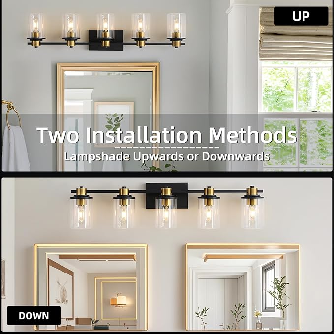 LOUSACE 5 Light Bathroom Vanity Light Black and Gold Bathroom Lighting Fixtures Over Mirror with Clear Glass, Brushed Gold Socket Wall Vanity Lighting Fixtures for Bedroom Living Room