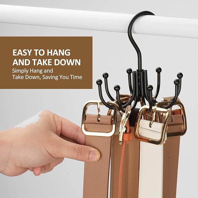 ZEDODIER Belt Hanger, Belt Rack Closet Accessories Organizer, Maximum 24 Storage Capacity, Hanging Holder Storage Hook for Belt, Bra, Tank Top, Tie, Scarf, Purse, Black