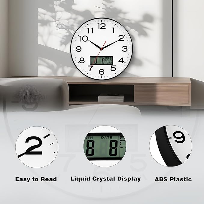 AKCISOT Wall Clock 12 Inch, Non-Ticking Silent Battery Operated Analog with LCD Display for Perpetual Calendar and Temperature, Ideal Modern Decor for Home, Bedroom, Kitchen, Office (Black)