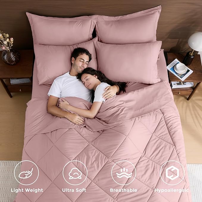 HEVUMYI Dusty Pink Twin Comforter Set - 5-Piece All Season Bed in a Bag Twin, Ultra Soft Bedding Set with Comforter, Flat Sheet, Fitted Sheet, Pillowcases, Pillow Shams