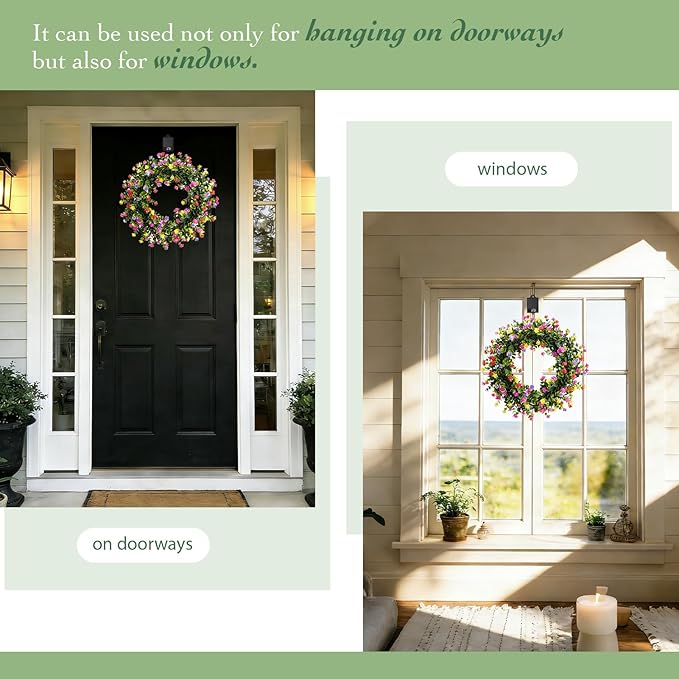 Solar Spring Wreath for Front Door Pre-lit Wreath 16inch 30LED Wreaths Spring Summer Decor for Outside Aftificial Spring Bloom Wreaths Colorful Home Decorations Wall Festival Decor