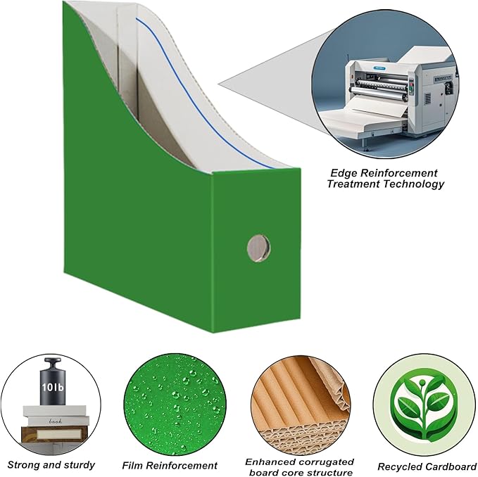 Limitliho Cardboard Magazine Holder for Desk, Book Bins for Classroom Library,Office,Home, 10.6" H x 10.2" L x 3.5" W in file holder (Green, 6 Pack)