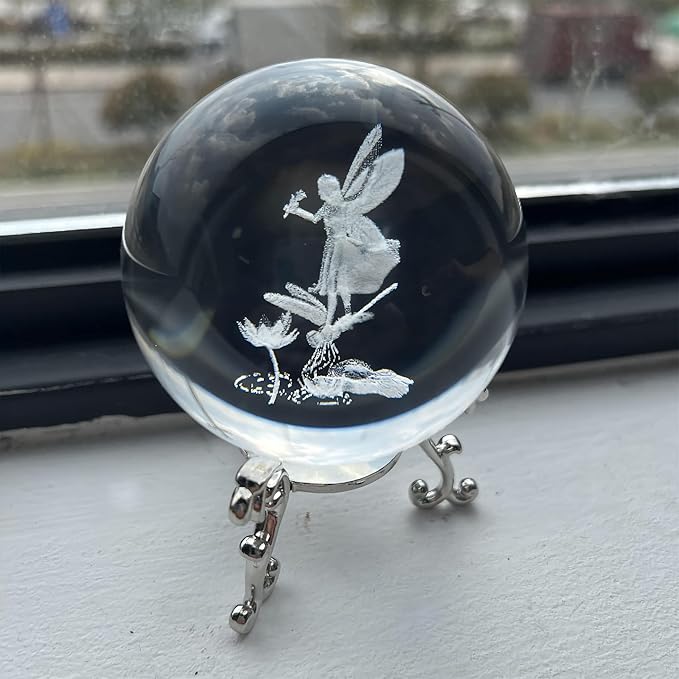 HDCRYSTALGIFTS 2.3in 3D Laser Crystal Fairy with Dragonfly and Lotus Figurines Crystal Ball Paperweight with Stand Base - 3D Engraving Glass Full Sphere Wedding Gift Home Decor