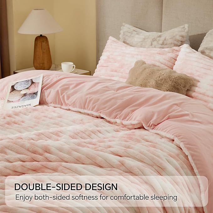 BEDELITE Fleece Full Comforter Set -Super Soft & Warm Fluffy Pink&White Bedding, Luxury Fuzzy Heavy Bed Set for Winter with 2 Pillow Cases