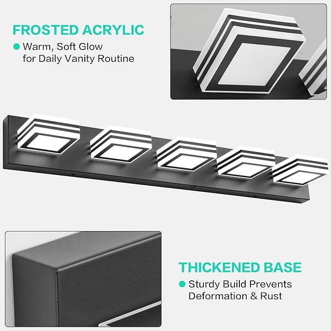 SOLFART LED Bathroom Lighting Fixtures - 5 Lights Modern Matte Black Acrylic Vanity Lights for Mirror 32inch 24W 5CCT